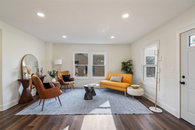 living room with dark hardwood / wood-style flooring