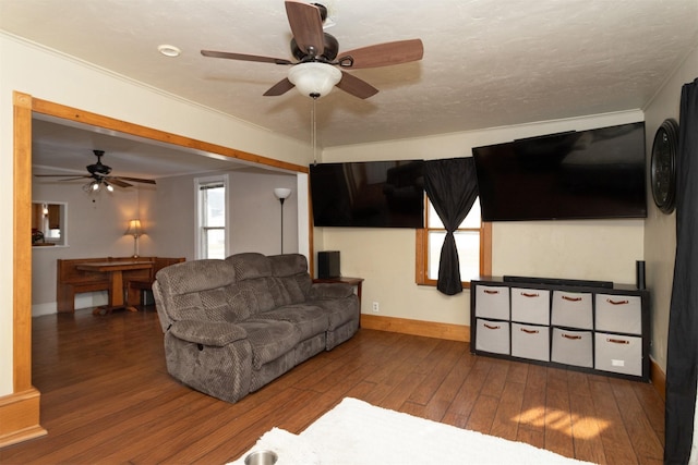 living room with crown molding, dark hardwood / wood-style flooring, and ceiling fan