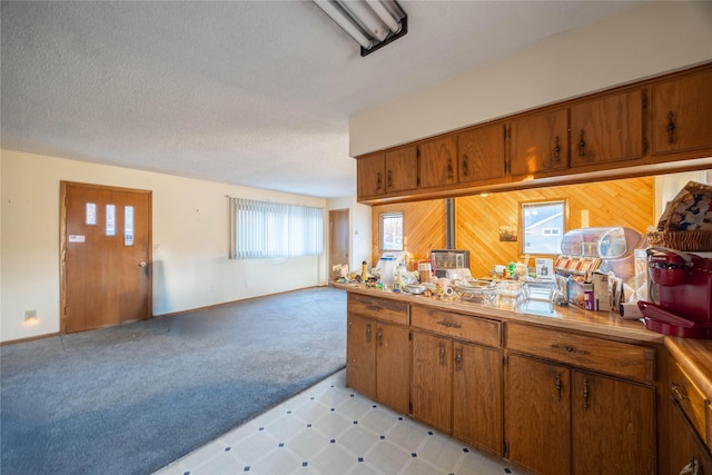 kitchen featuring a textured ceiling and wood walls