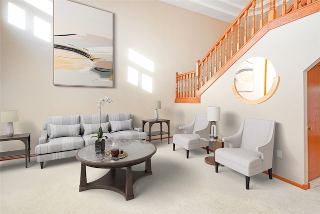 carpeted living room with a high ceiling