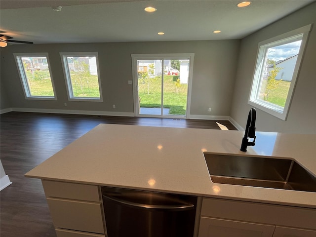 kitchen with sink, white cabinets, dark hardwood / wood-style floors, and dishwasher