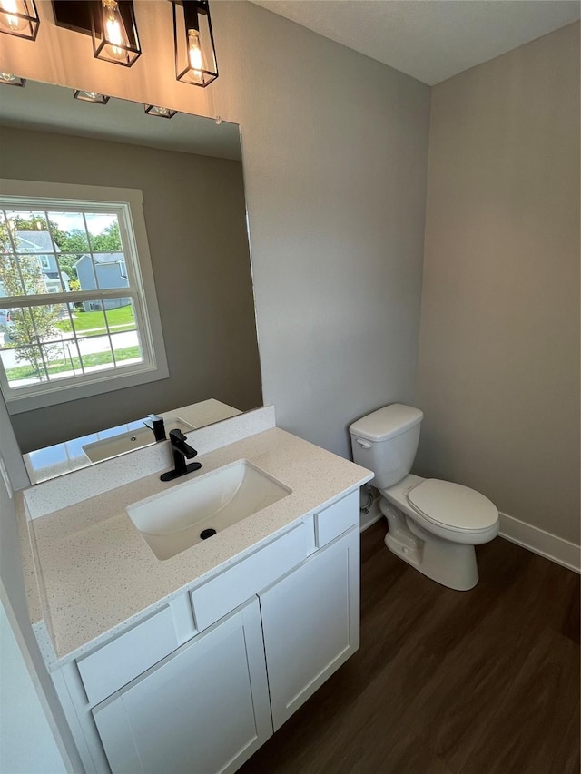 bathroom with vanity, toilet, and wood-type flooring