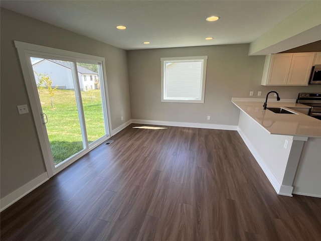 interior space with sink, white cabinets, dark hardwood / wood-style flooring, kitchen peninsula, and stainless steel appliances