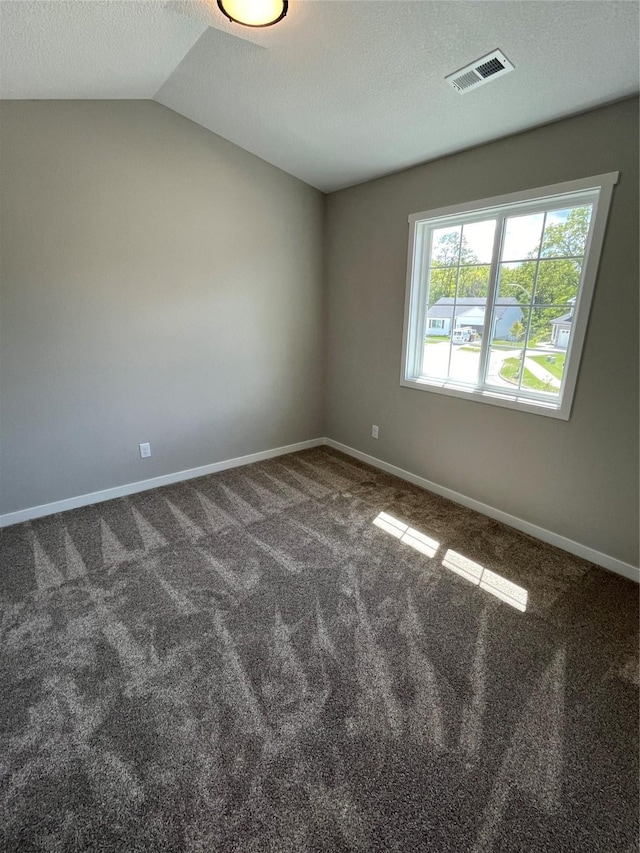 carpeted empty room featuring lofted ceiling and a textured ceiling