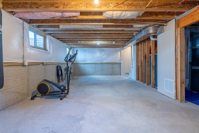 basement with brick wall