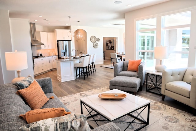 living room featuring plenty of natural light, light hardwood / wood-style floors, and sink