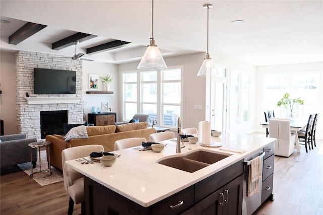 kitchen with pendant lighting, light hardwood / wood-style flooring, a kitchen island with sink, and sink