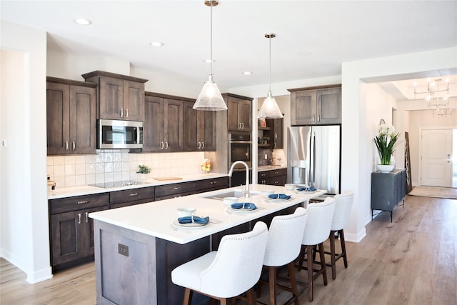 kitchen featuring sink, stainless steel appliances, an island with sink, pendant lighting, and light hardwood / wood-style floors