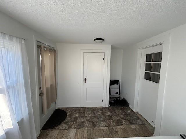 hall featuring dark hardwood / wood-style flooring and a textured ceiling