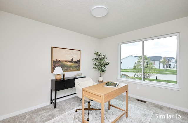 office area featuring light colored carpet and a textured ceiling