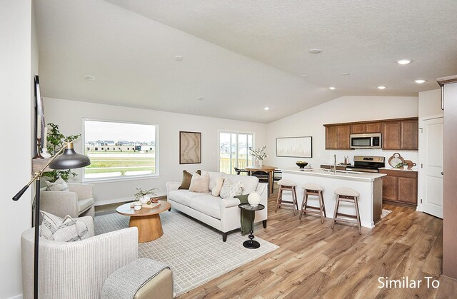 living room with vaulted ceiling, a textured ceiling, and light wood-type flooring