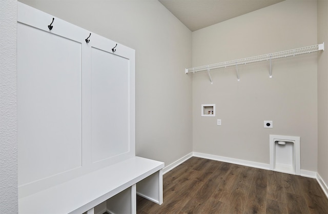 1064 NE 64th Ave, Des Moines, IA 50313 - clothes washing area with laundry area, baseboards, dark wood finished floors, washer hookup, and hookup for an electric dryer