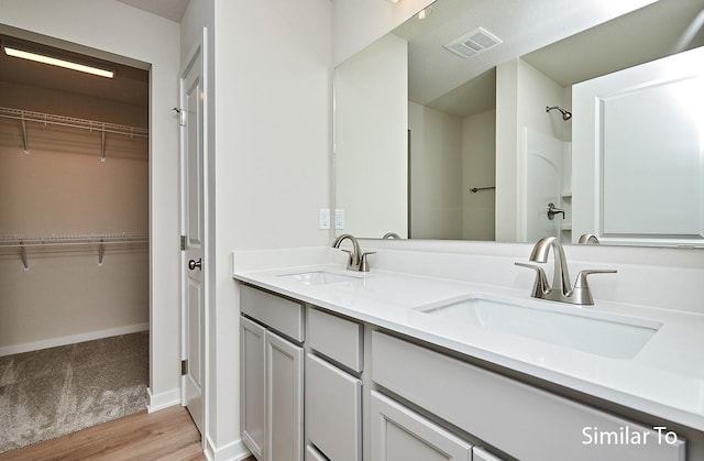 bathroom with vanity and wood-type flooring