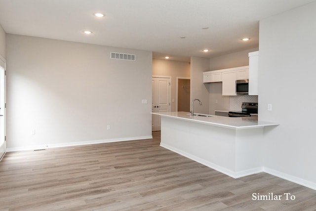 kitchen featuring white cabinets, sink, light wood-type flooring, kitchen peninsula, and stainless steel appliances