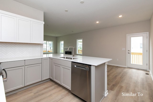 kitchen featuring sink, stainless steel dishwasher, decorative backsplash, light wood-type flooring, and kitchen peninsula