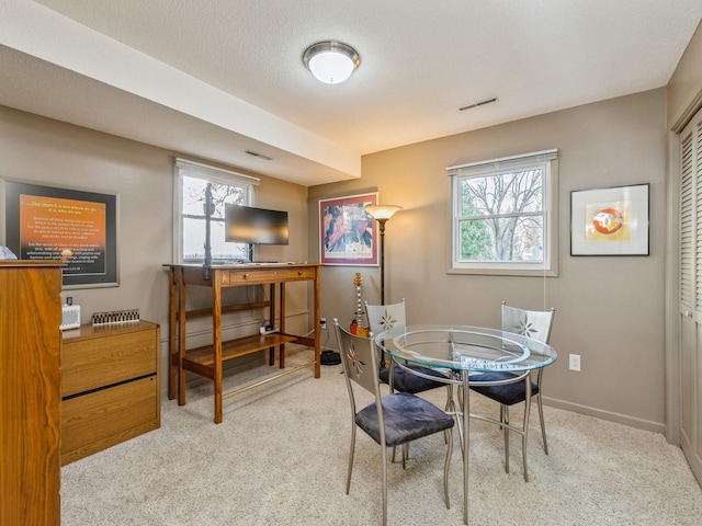 carpeted dining area featuring a textured ceiling