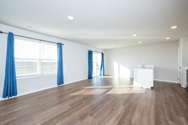 unfurnished room with plenty of natural light, dark wood-type flooring, and sink