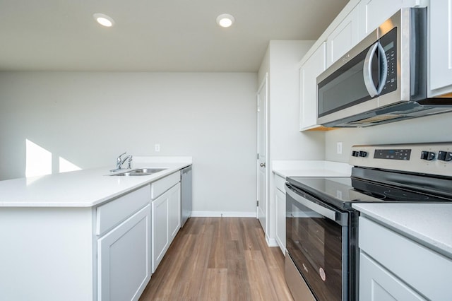 kitchen featuring kitchen peninsula, stainless steel appliances, sink, white cabinets, and hardwood / wood-style floors