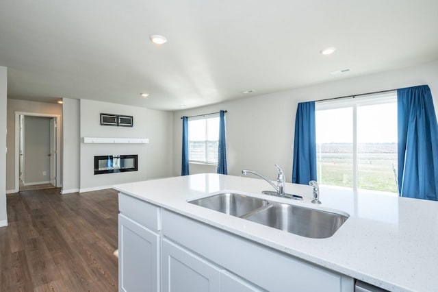 kitchen with white cabinets, dark hardwood / wood-style floors, light stone countertops, and sink