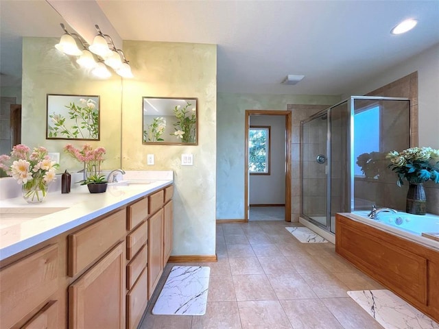 bathroom featuring separate shower and tub and vanity