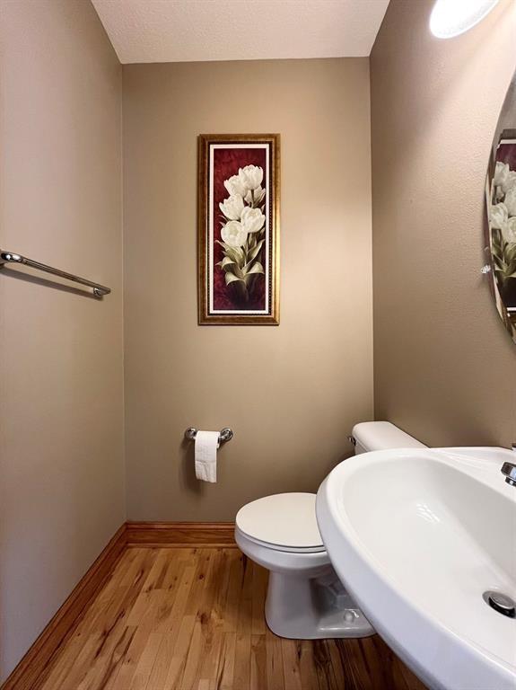 bathroom with toilet, wood-type flooring, and sink