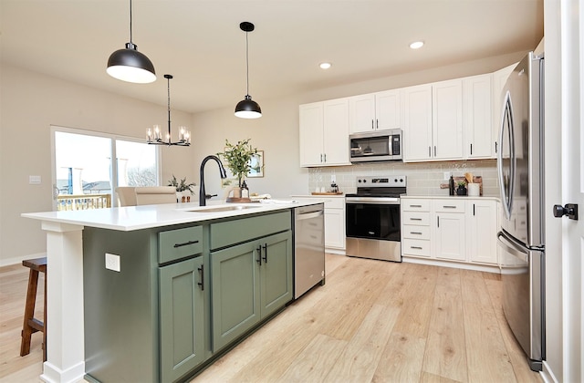 kitchen featuring white cabinets, a kitchen island with sink, sink, and appliances with stainless steel finishes