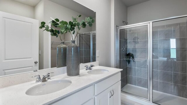 bathroom with vanity and a shower with shower door