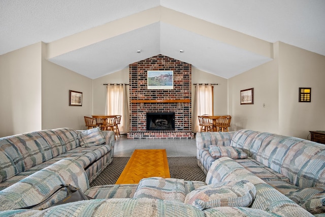 living room featuring a fireplace and vaulted ceiling