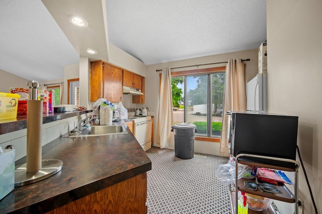 kitchen featuring lofted ceiling, sink, white appliances, and a textured ceiling