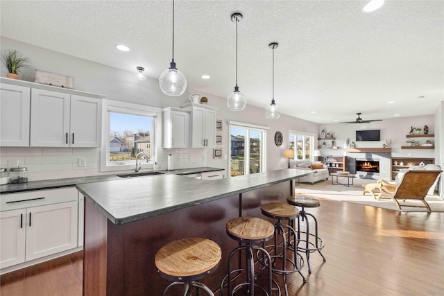 kitchen featuring white cabinets, plenty of natural light, and dark wood-type flooring