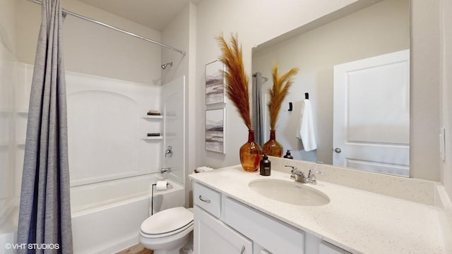 full bathroom with shower / bathtub combination with curtain, vanity, and toilet