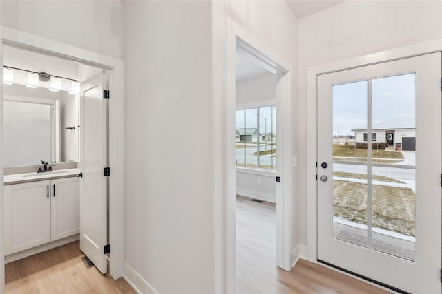 doorway to outside with a wealth of natural light, sink, and light hardwood / wood-style floors