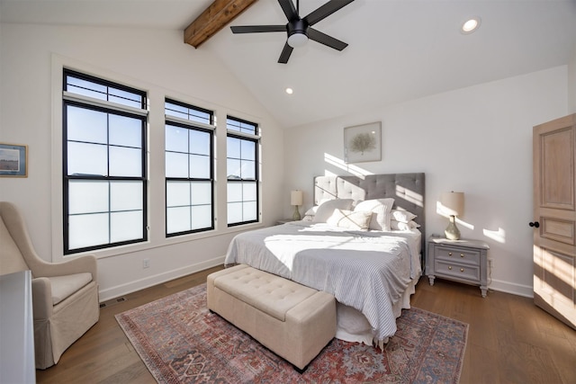 bedroom featuring vaulted ceiling with beams, ceiling fan, and dark hardwood / wood-style flooring