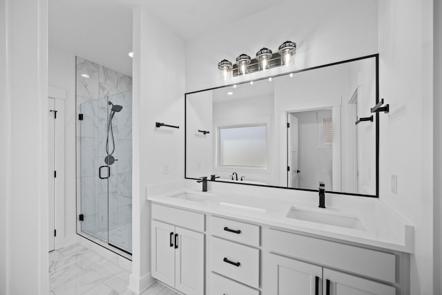 full bathroom featuring marble look tile flooring, a marble finish shower, and double vanity