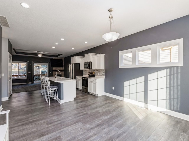 kitchen featuring hanging light fixtures, dark hardwood / wood-style floors, ceiling fan, appliances with stainless steel finishes, and white cabinetry