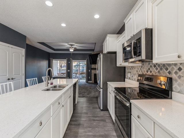 kitchen with light stone countertops, sink, appliances with stainless steel finishes, and dark wood-type flooring