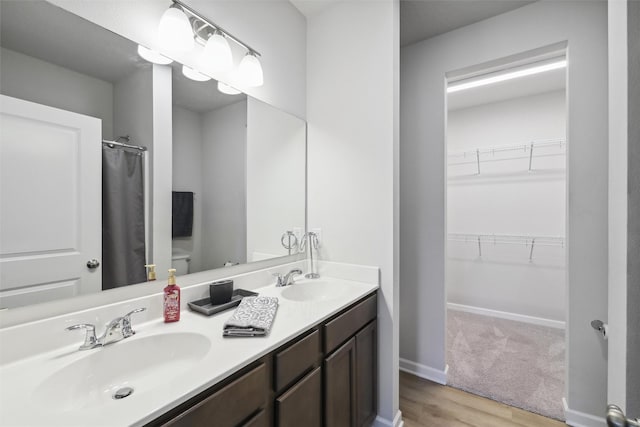 bathroom featuring toilet, vanity, and hardwood / wood-style flooring