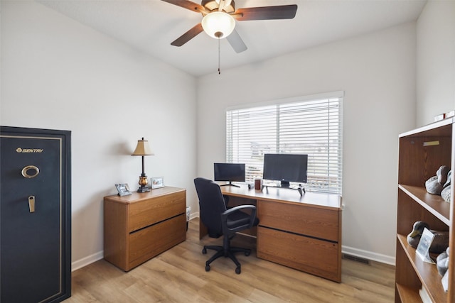 office featuring ceiling fan and light wood-type flooring