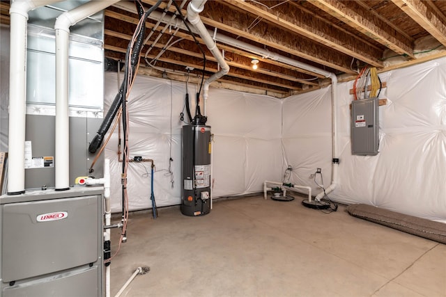 basement with heating unit, electric panel, and water heater