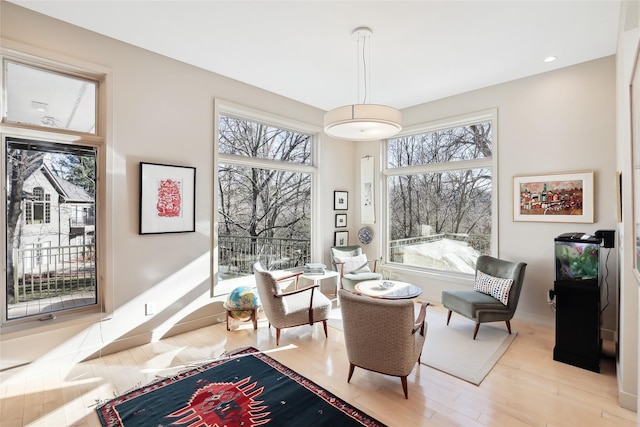 sitting room with a healthy amount of sunlight and light wood finished floors