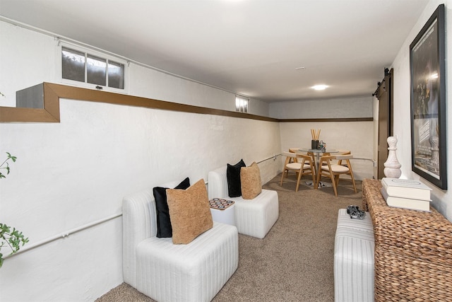 interior space with carpet flooring and a barn door