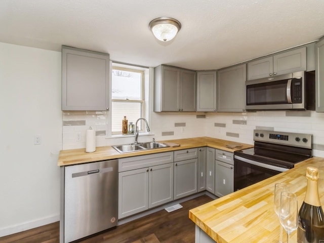 kitchen featuring sink, dark wood-type flooring, tasteful backsplash, wooden counters, and appliances with stainless steel finishes