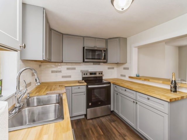 kitchen with butcher block countertops and stainless steel appliances