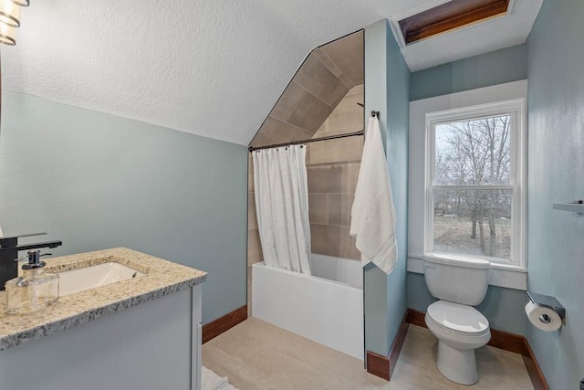 full bathroom with shower / bath combo, lofted ceiling, vanity, and toilet