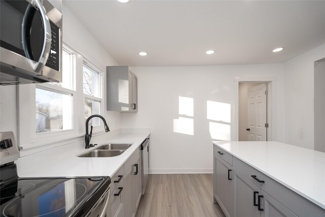 kitchen with appliances with stainless steel finishes, light wood-type flooring, gray cabinets, and sink