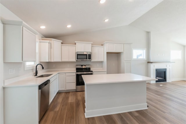 kitchen featuring white cabinets, stainless steel appliances, a sink, and light countertops