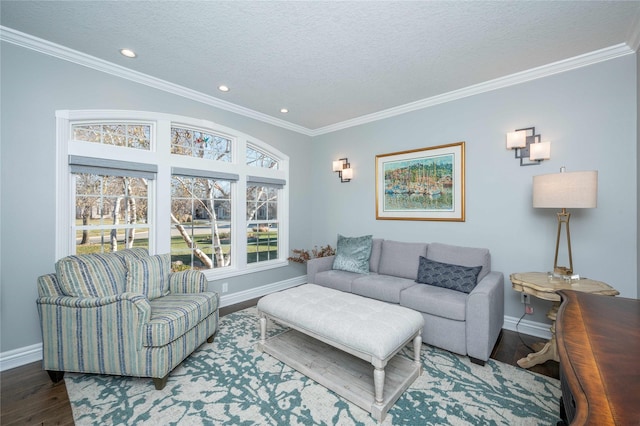 living room featuring wood-type flooring, a textured ceiling, and ornamental molding