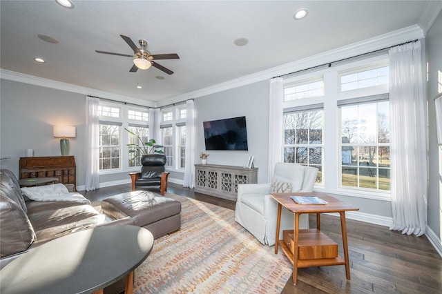 living room with ceiling fan, dark hardwood / wood-style flooring, ornamental molding, and a wealth of natural light