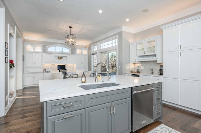 kitchen with white cabinets, dark hardwood / wood-style floors, and sink