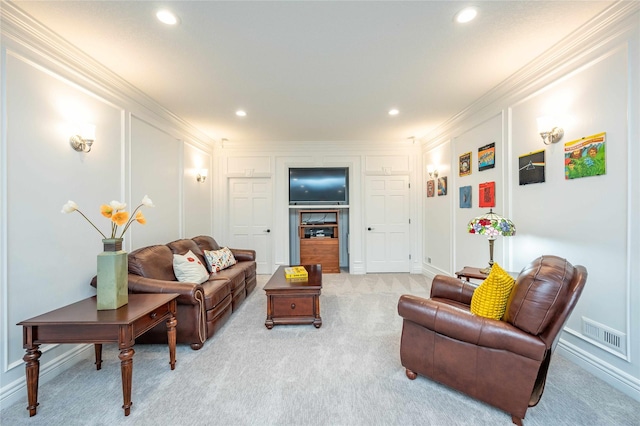 living room featuring crown molding and light carpet